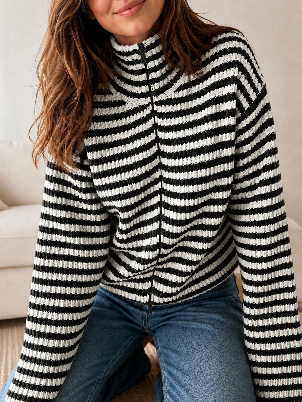 usvara Womens Striped Zip Knit Cardigan