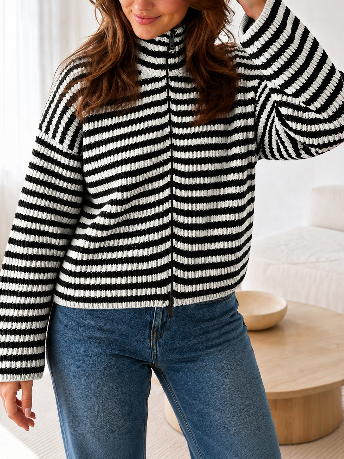 usvara Womens Striped Zip Knit Cardigan