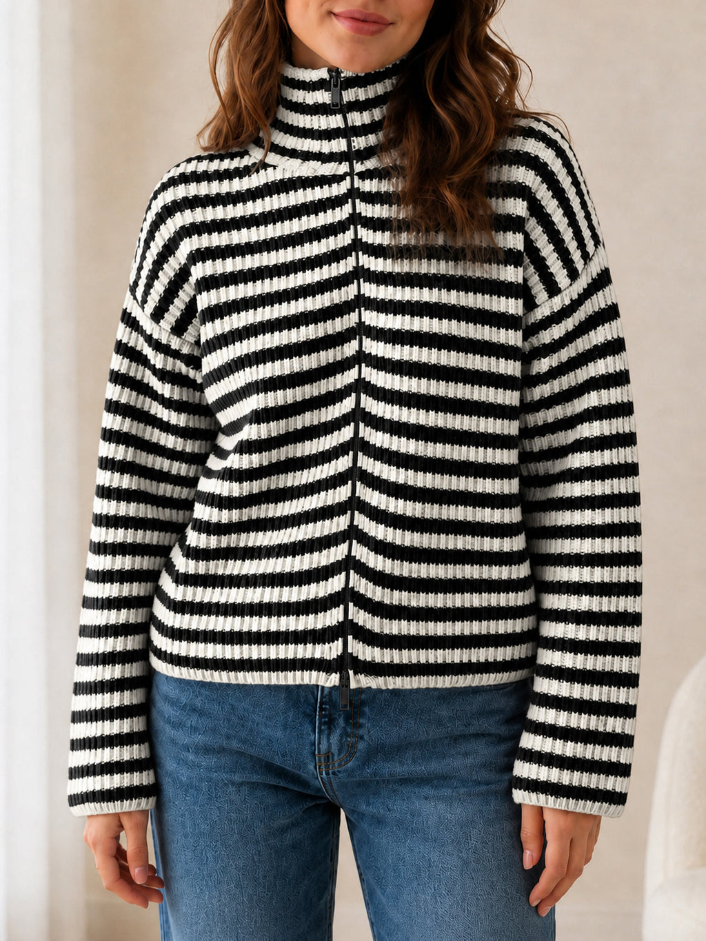 usvara Womens Striped Zip Knit Cardigan