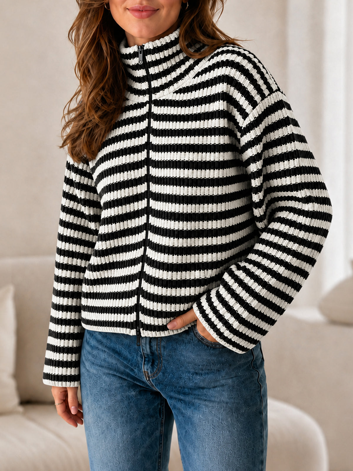 usvara Womens Striped Zip Knit Cardigan