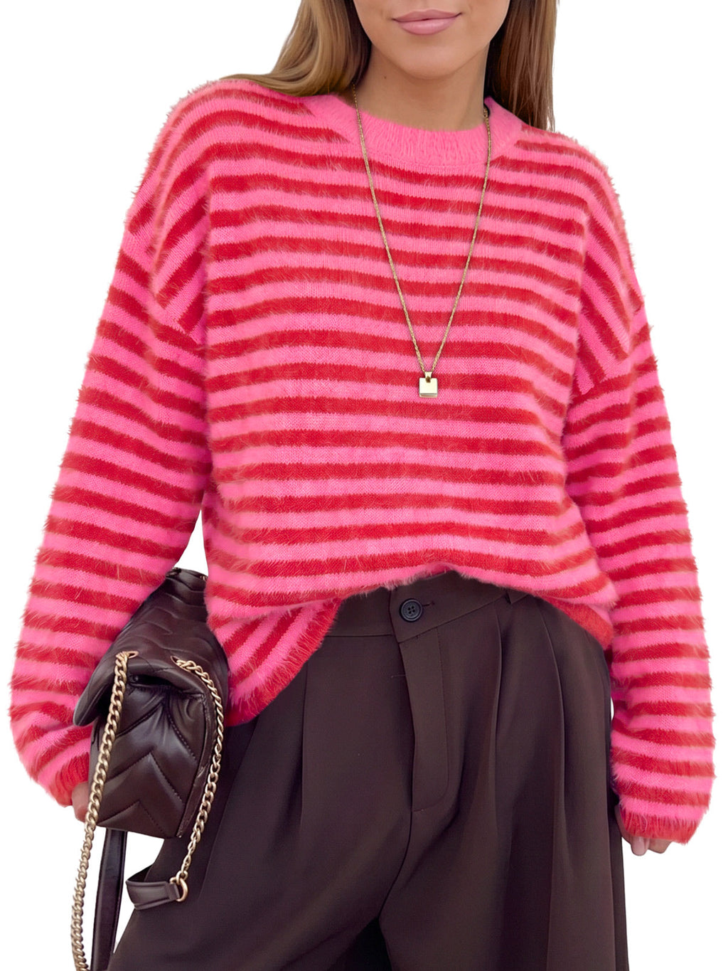 usvara Womens Fuzzy Crew Neck Striped Sweaters