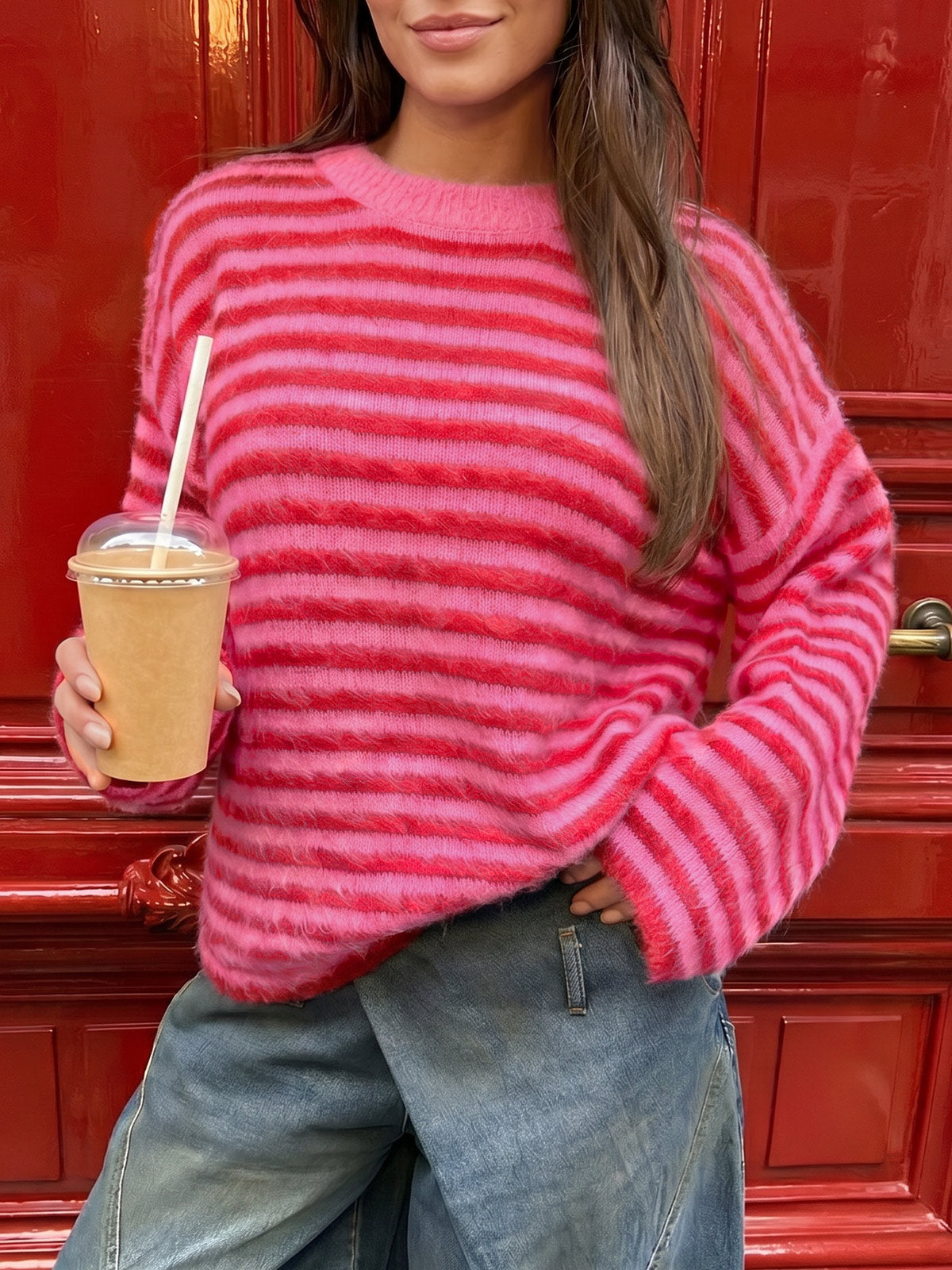 usvara Womens Fuzzy Crew Neck Striped Sweaters