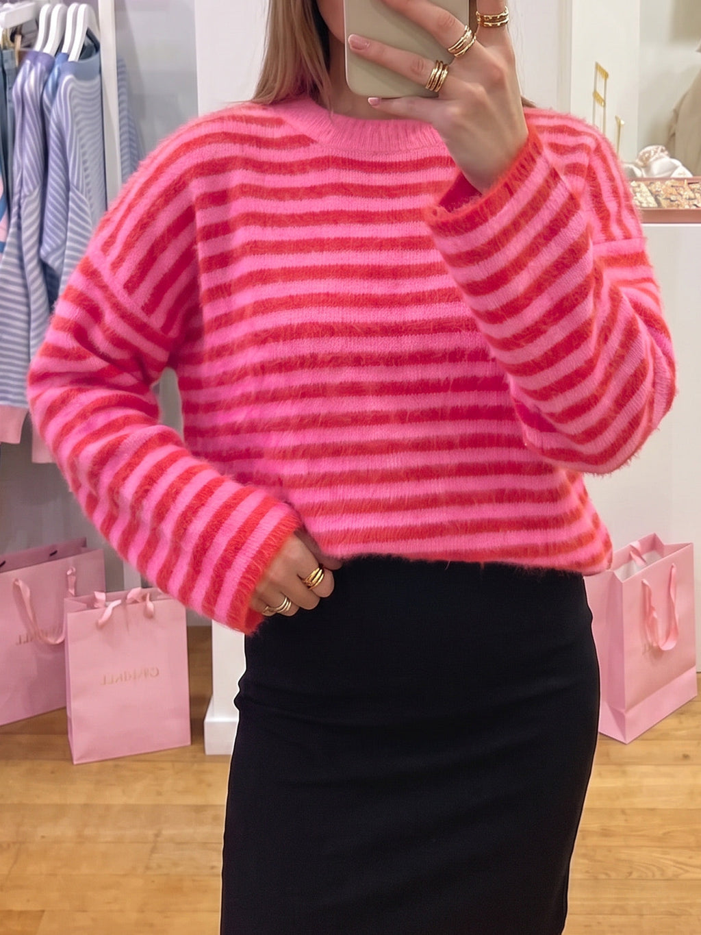 usvara Womens Fuzzy Crew Neck Striped Sweaters