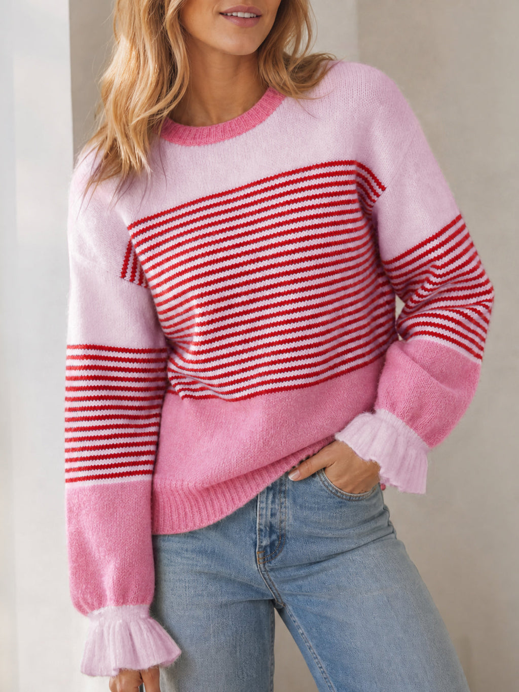 usvara Women Ruffle Sleeve Sweater