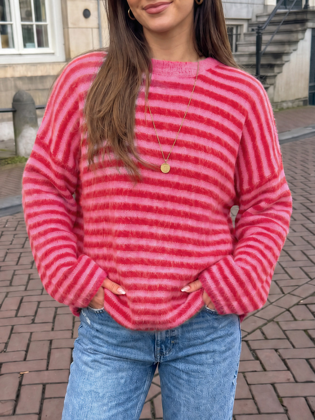 usvara Womens Fuzzy Crew Neck Striped Sweaters
