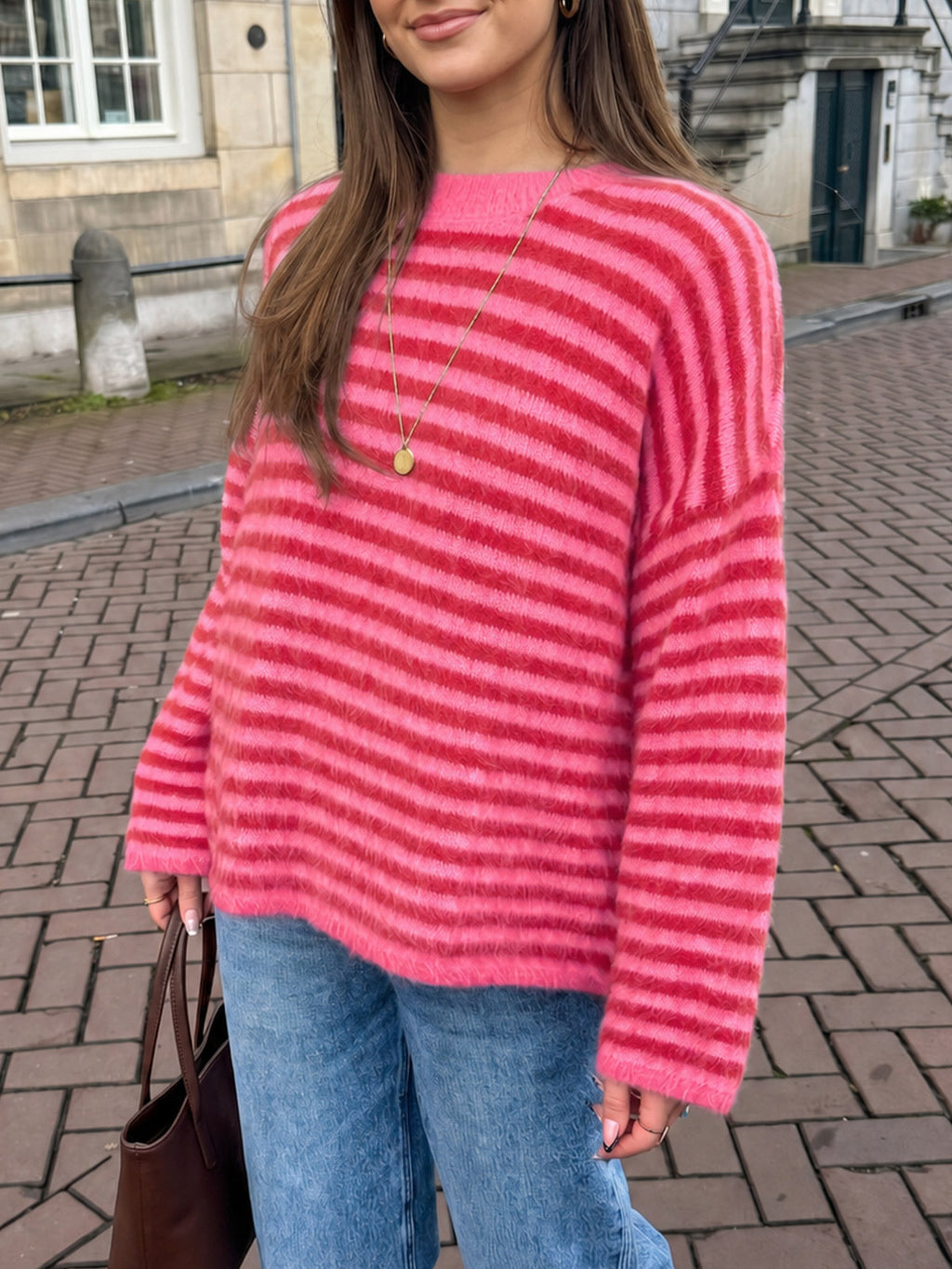 usvara Womens Fuzzy Crew Neck Striped Sweaters