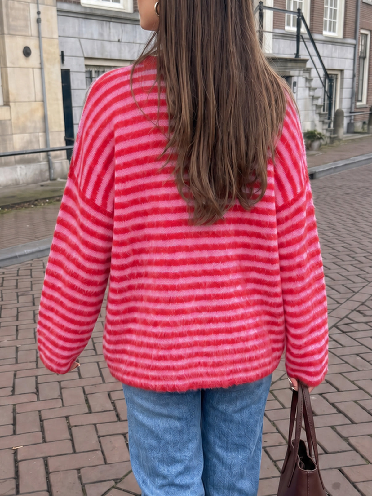 usvara Womens Fuzzy Crew Neck Striped Sweaters