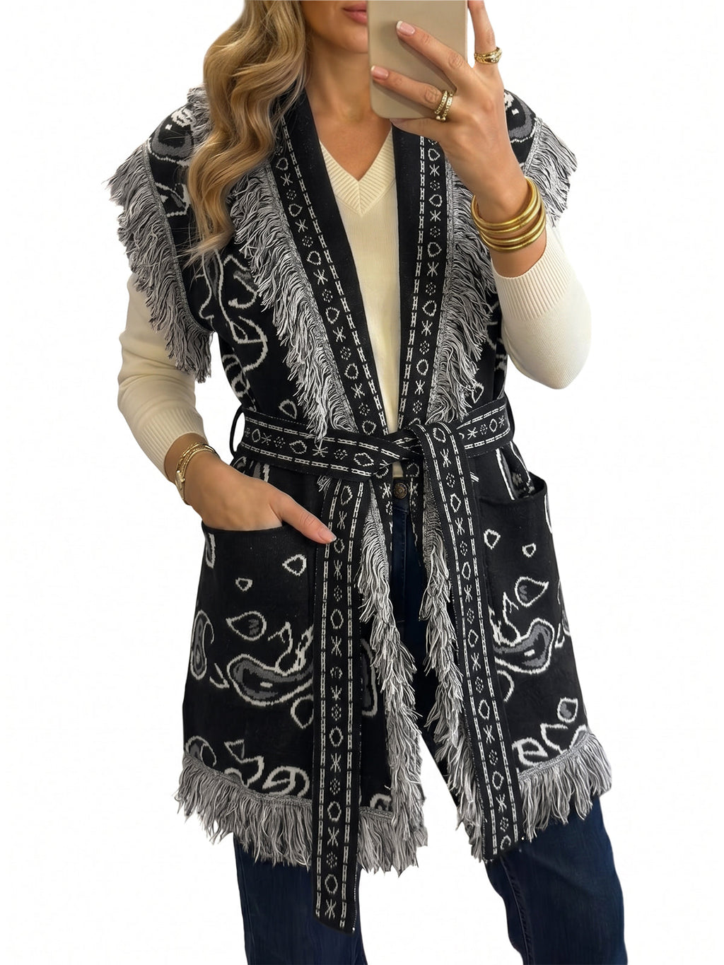 usvara Women Fringe Knit Cardigan