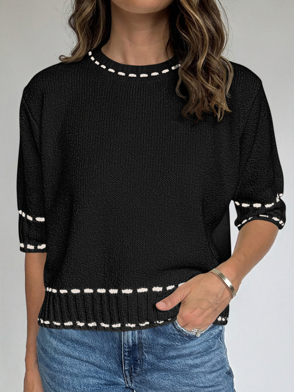 usvara Womens Cropped Crew Neck Knit Sweater