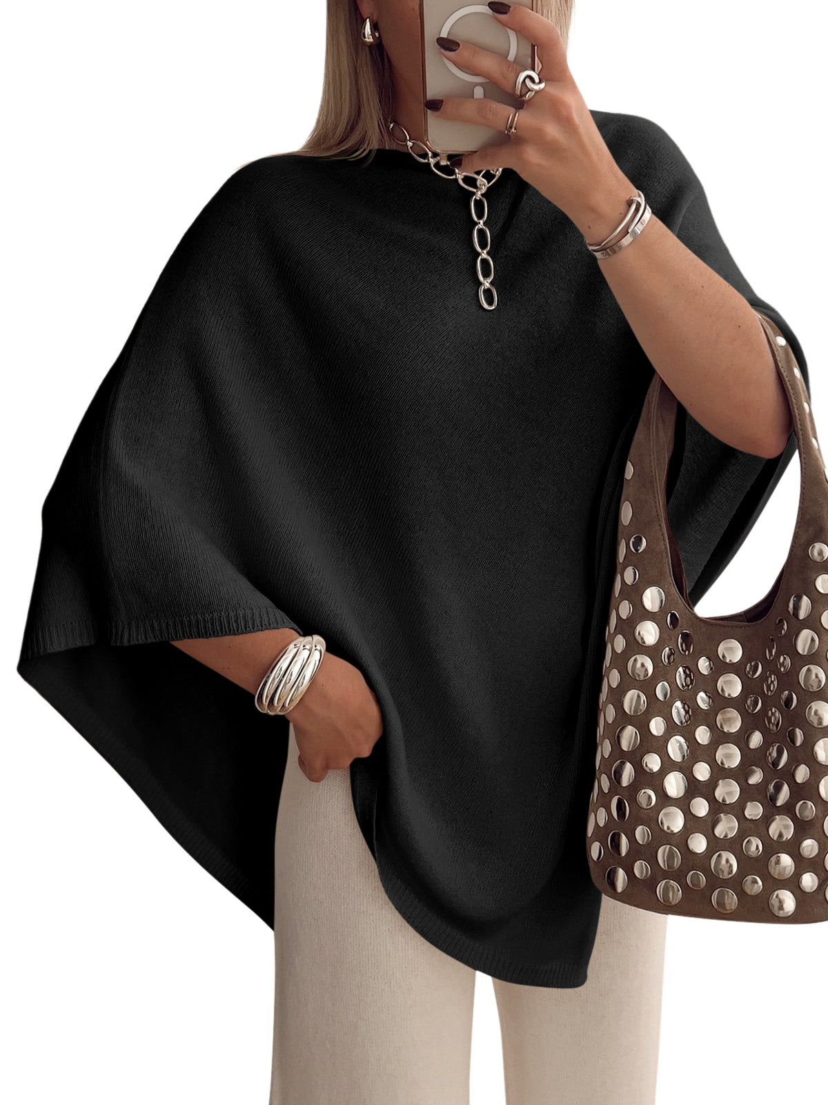 usvara Women Poncho Boat Neck Knit Sweater