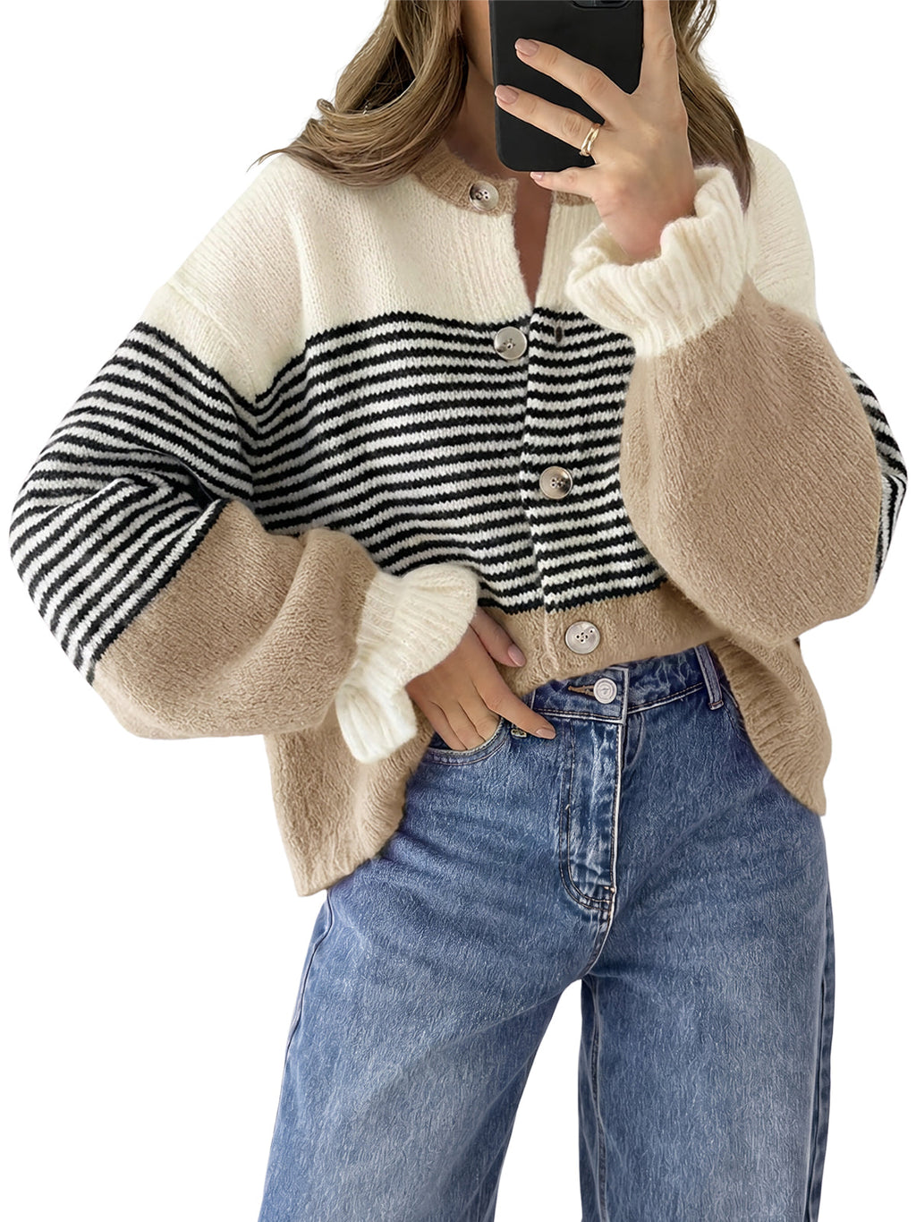 usvara Womens Striped Ruffle Sleeve Cardigan Coats