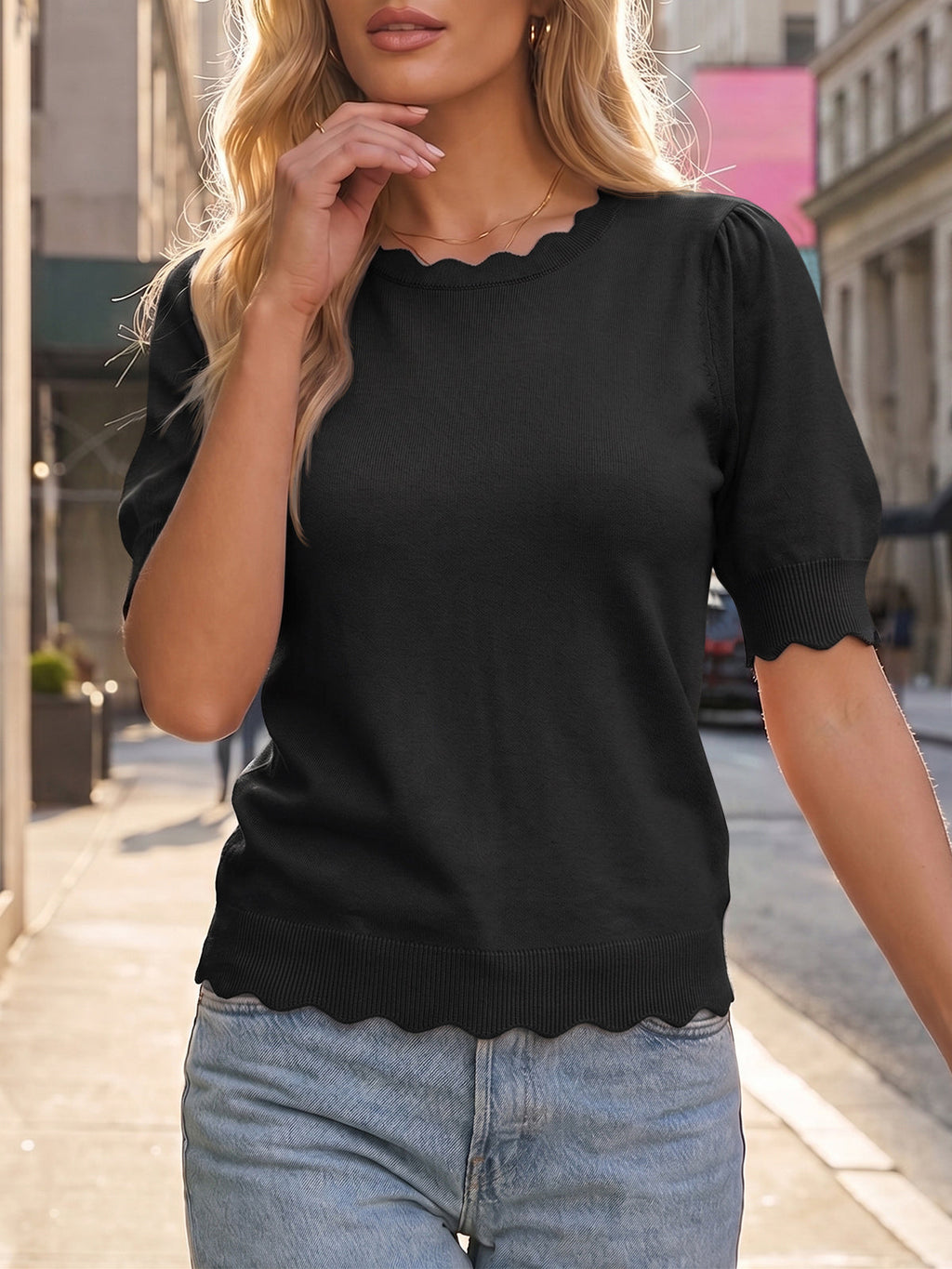 usvara Women Puff Sleeve Knit Top