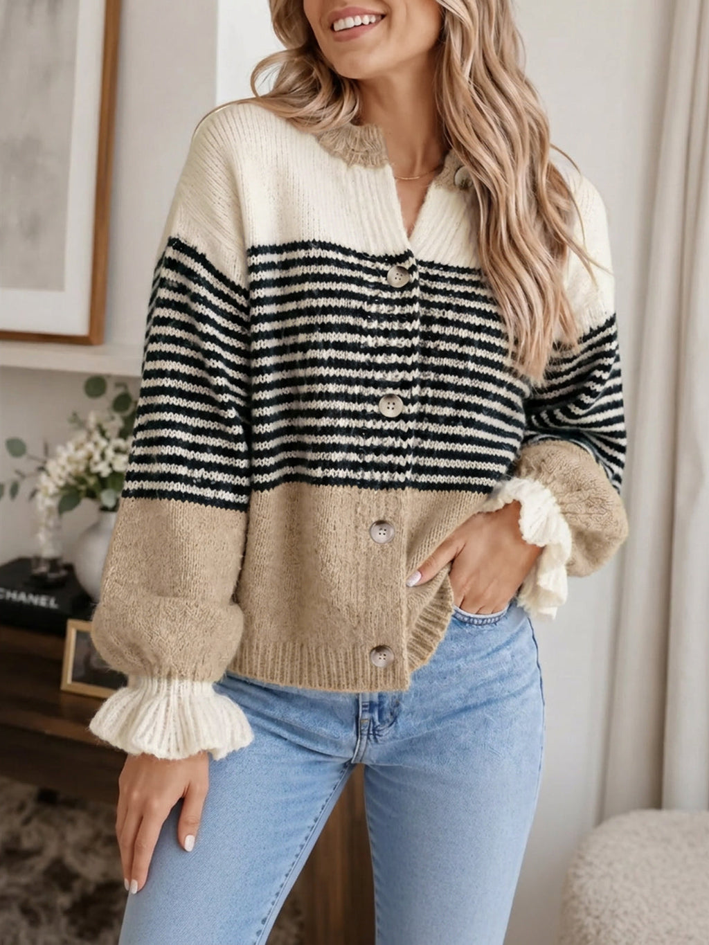 usvara Womens Striped Ruffle Sleeve Cardigan Coats