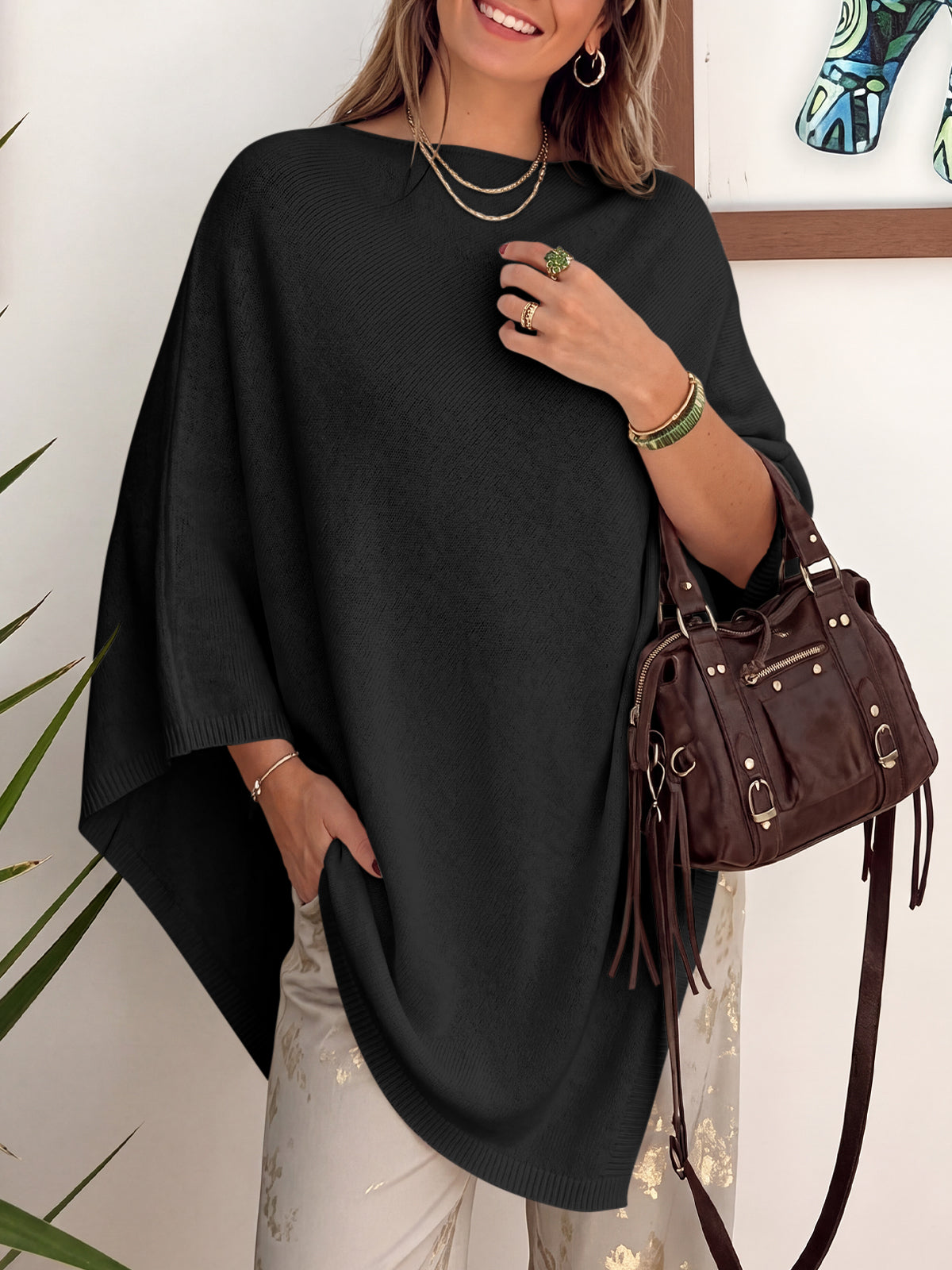 usvara Women Poncho Boat Neck Knit Sweater