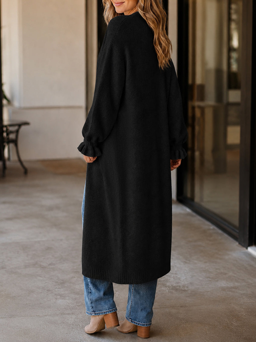 usvara Womens Ruffle Long Knit Cardigan