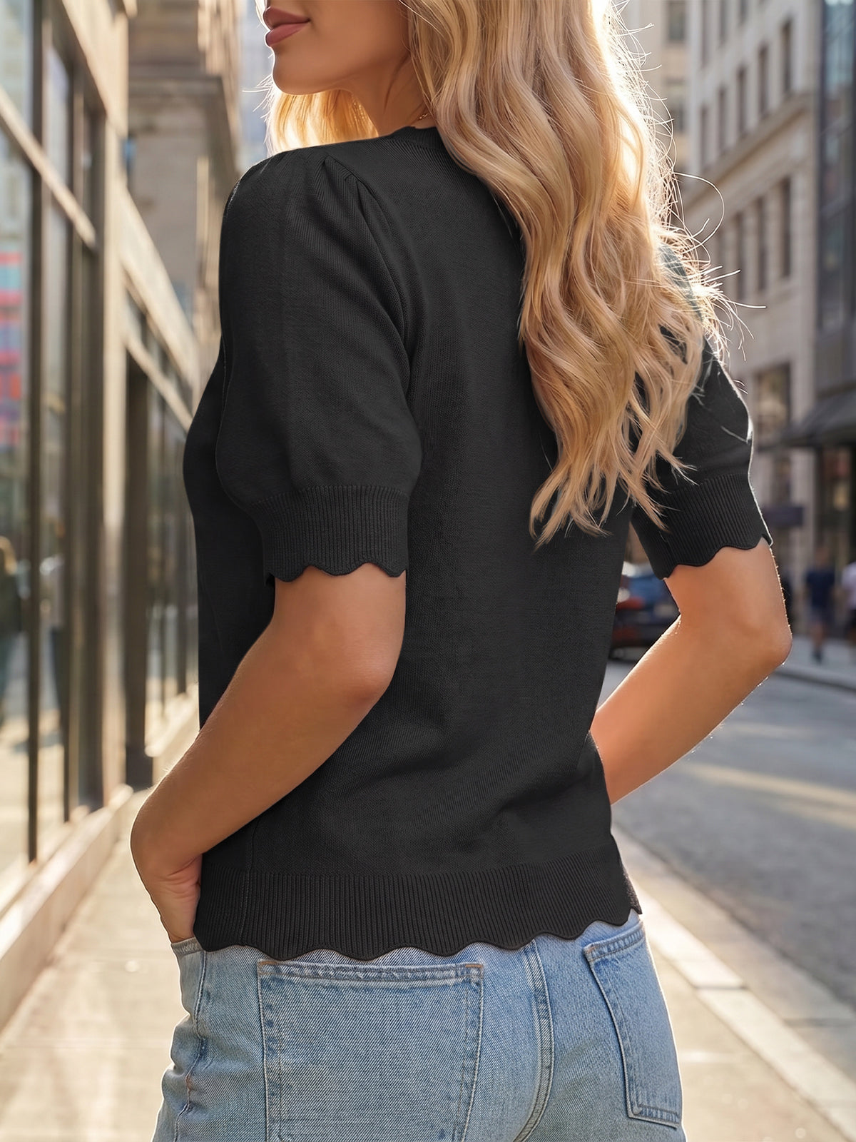 usvara Women Puff Sleeve Knit Top