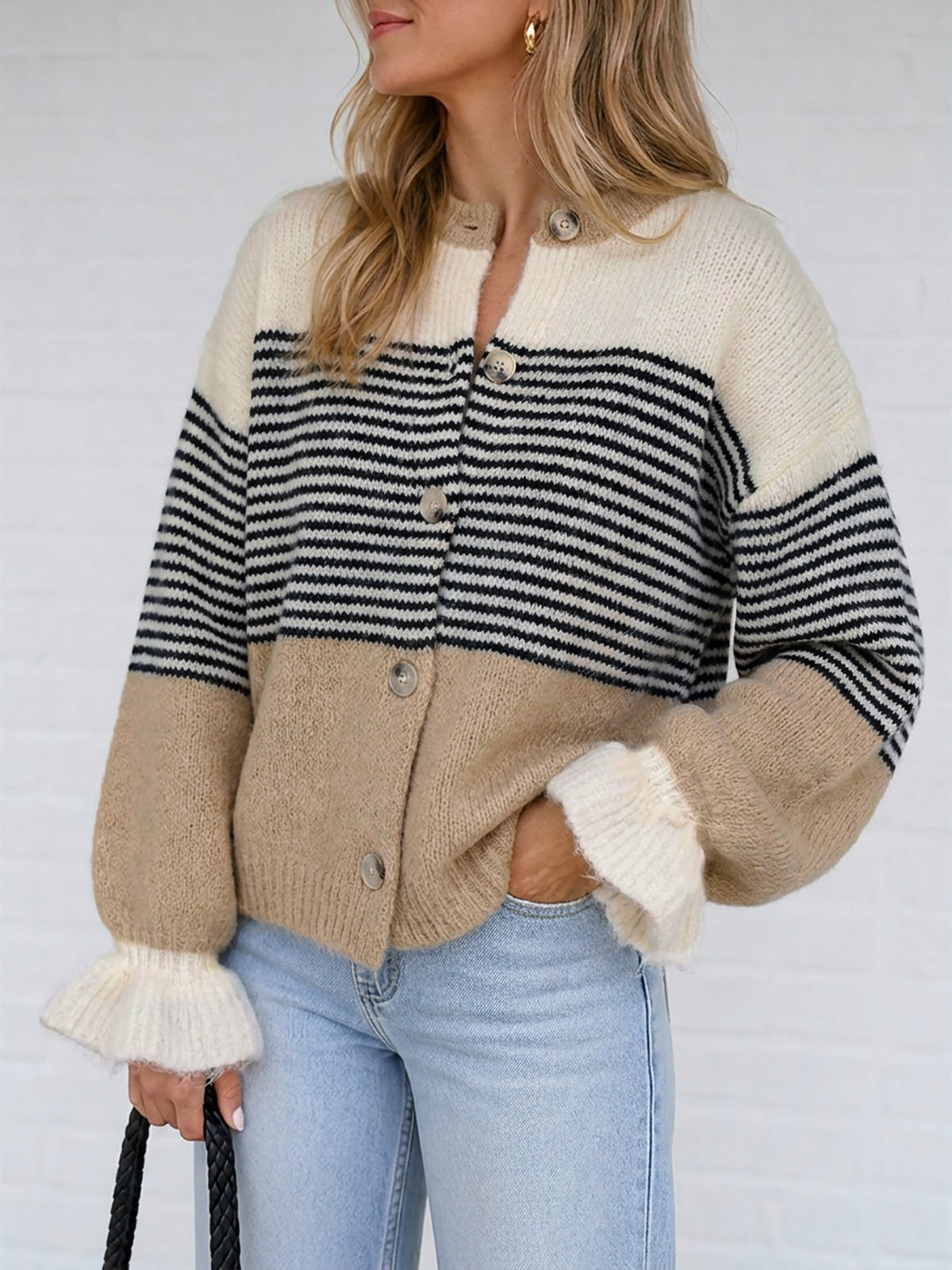 usvara Womens Striped Ruffle Sleeve Cardigan Coats