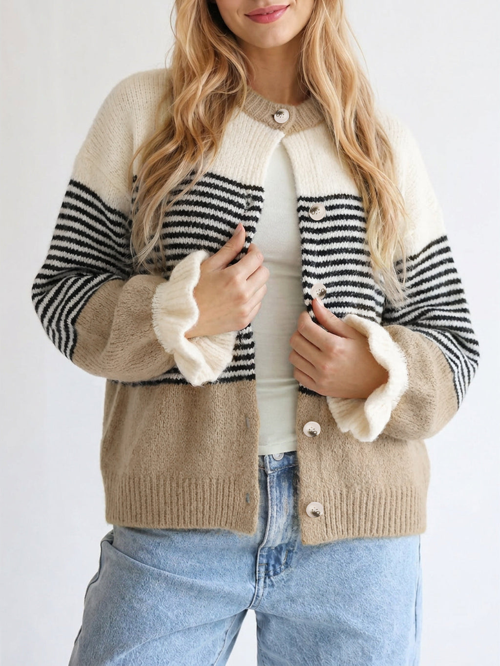 usvara Womens Striped Ruffle Sleeve Cardigan Coats