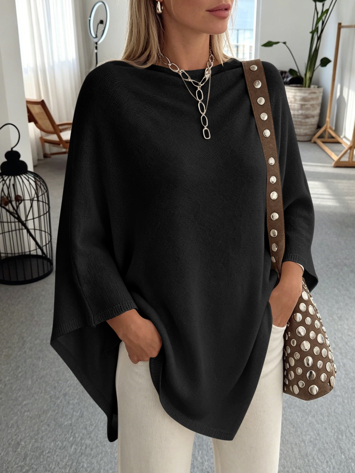 usvara Women Poncho Boat Neck Knit Sweater