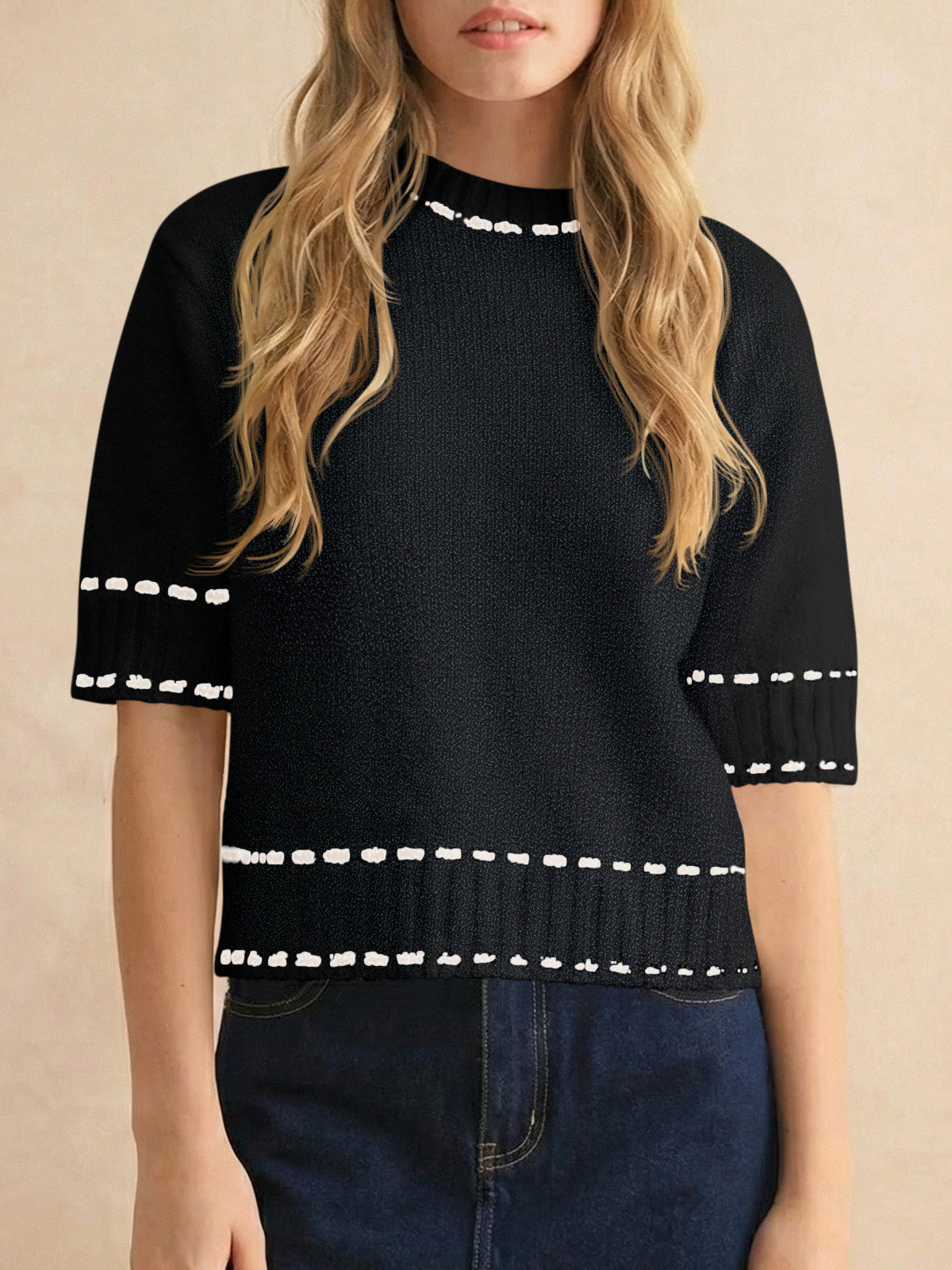 usvara Womens Cropped Crew Neck Knit Sweater