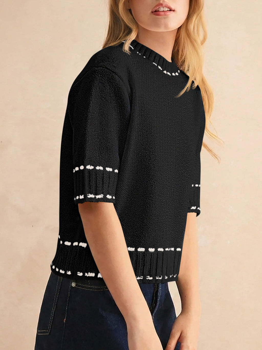 usvara Womens Cropped Crew Neck Knit Sweater