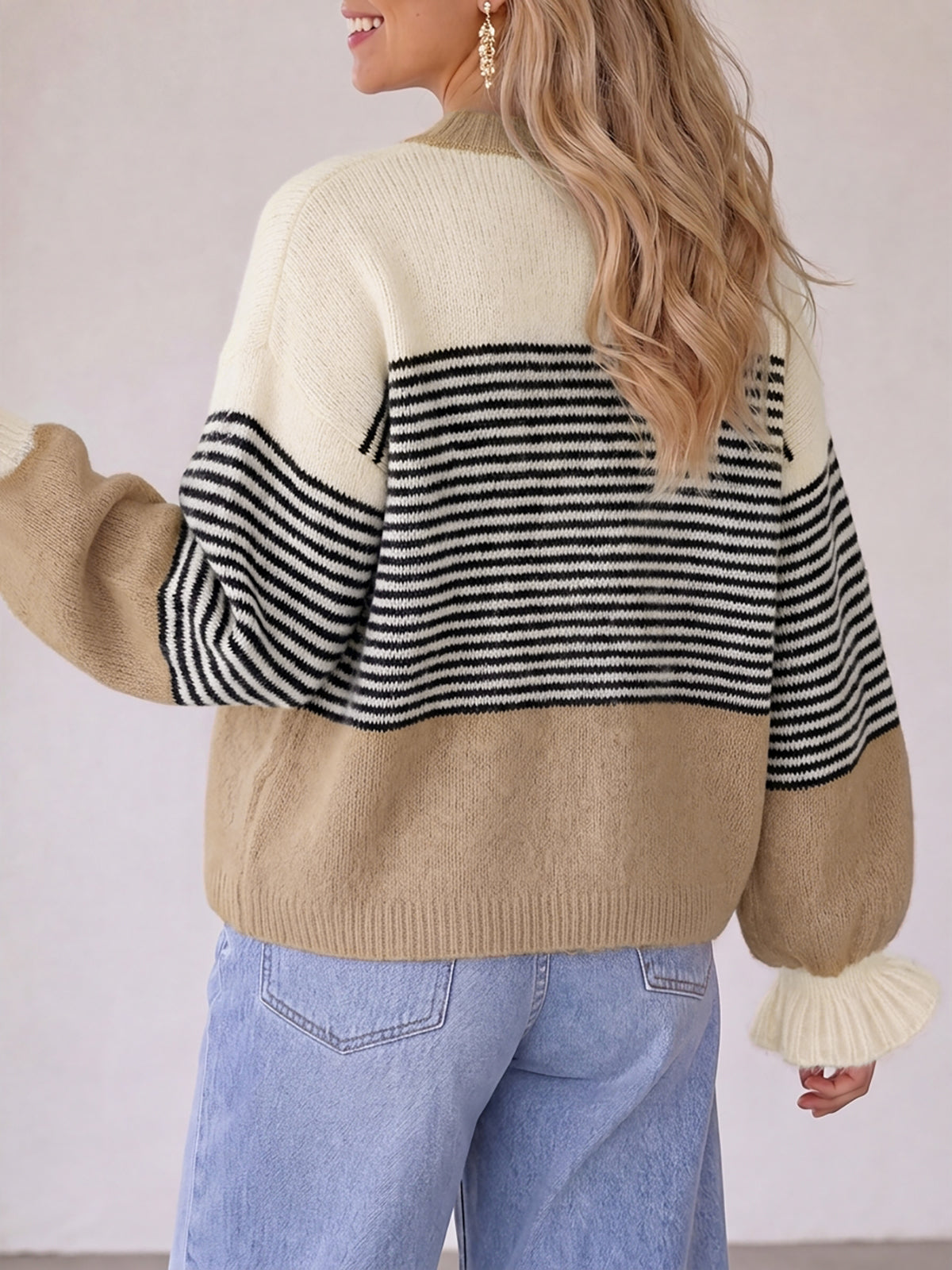 usvara Womens Striped Ruffle Sleeve Cardigan Coats