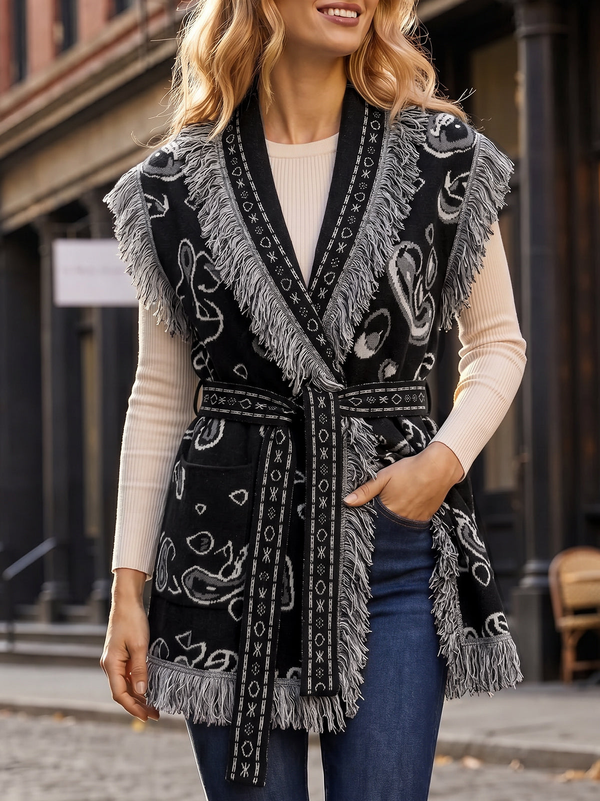 usvara Women Fringe Knit Cardigan