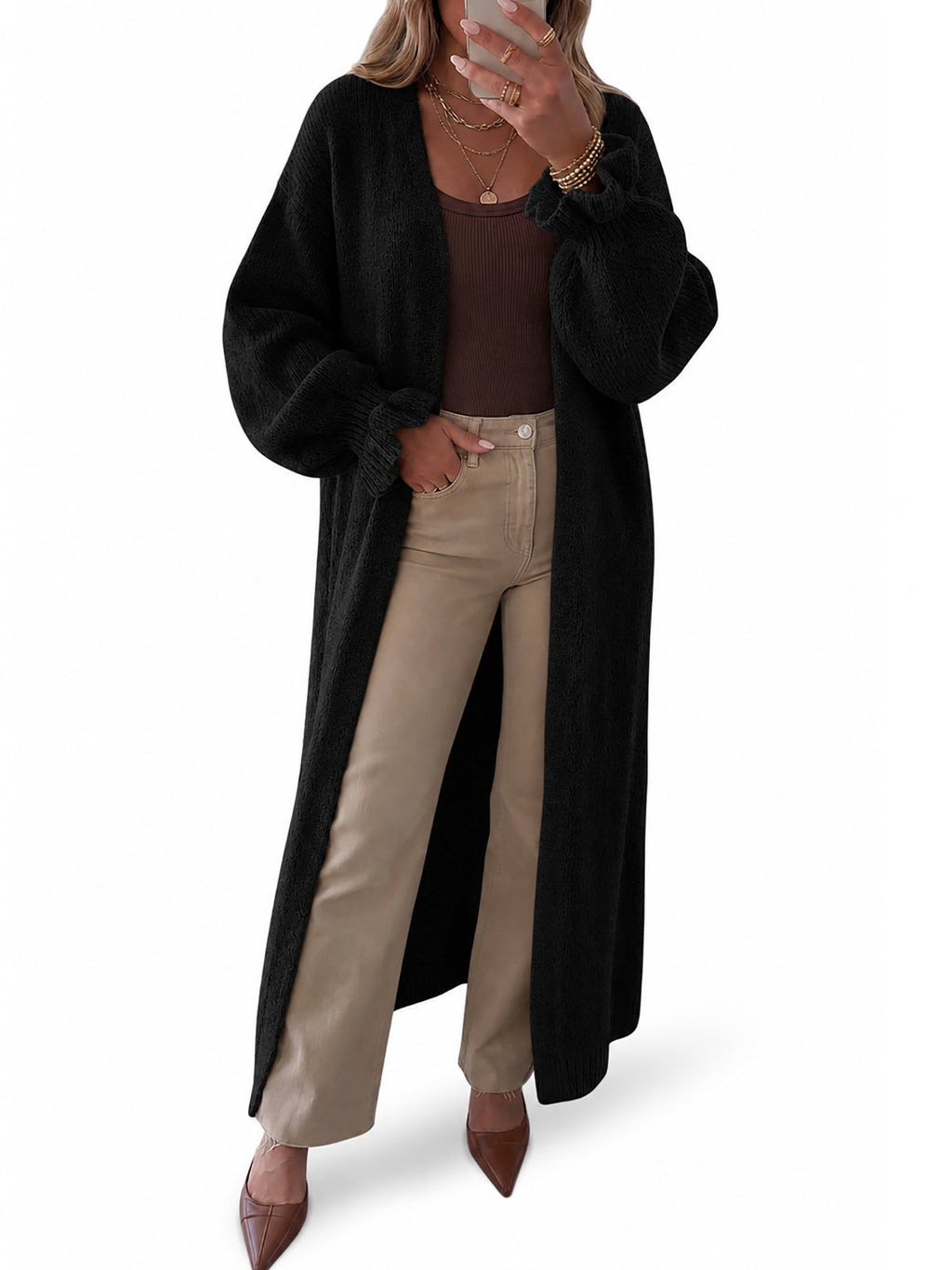 usvara Womens Ruffle Long Knit Cardigan