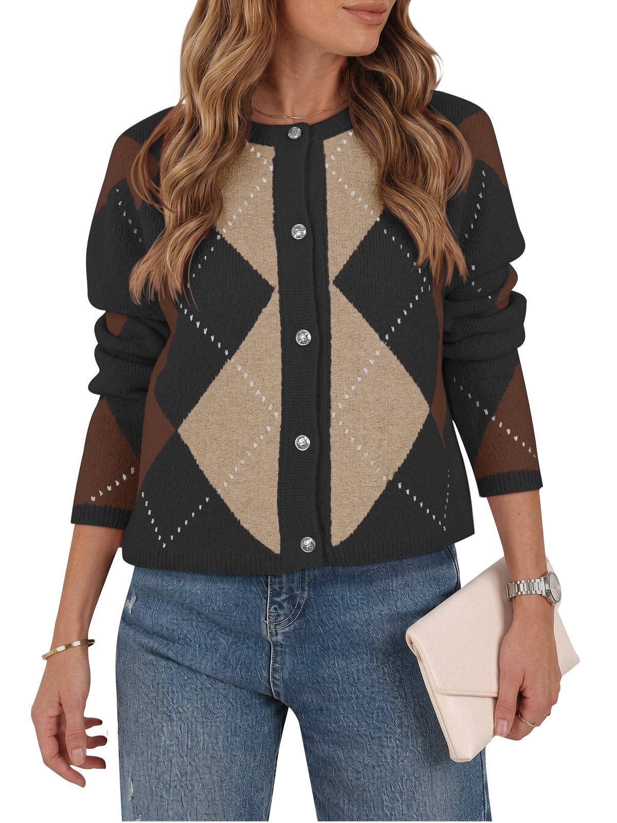 usvara Womens Argyle Crew Neck Knit Cardigan