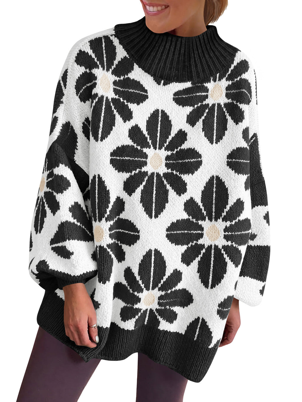 usvara Womens Floral Mock Neck Chunky Sweater