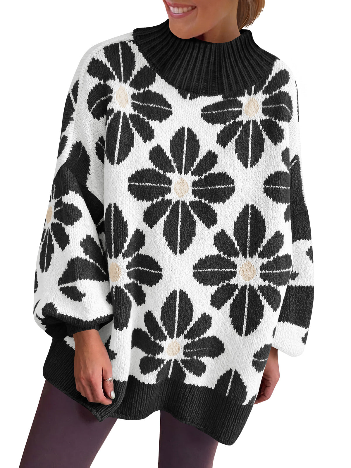 usvara Womens Floral Mock Neck Chunky Sweater