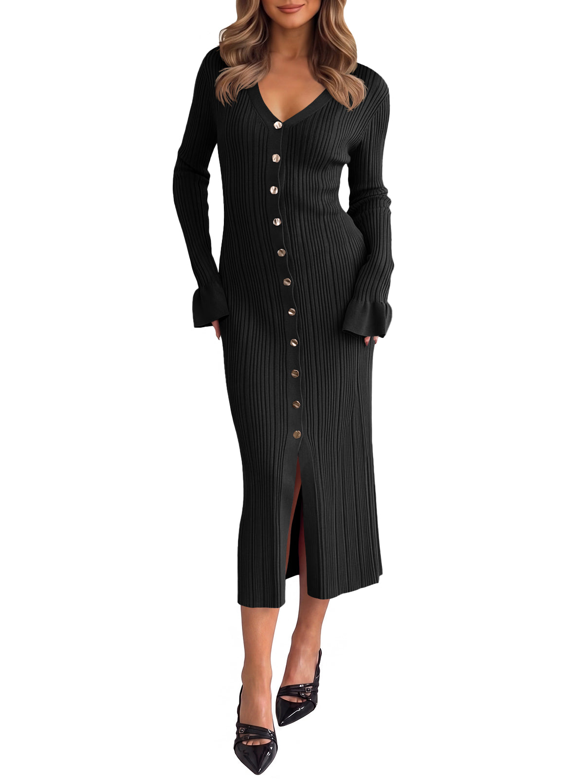 usvara Womens V Neck Midi Sweater Dress