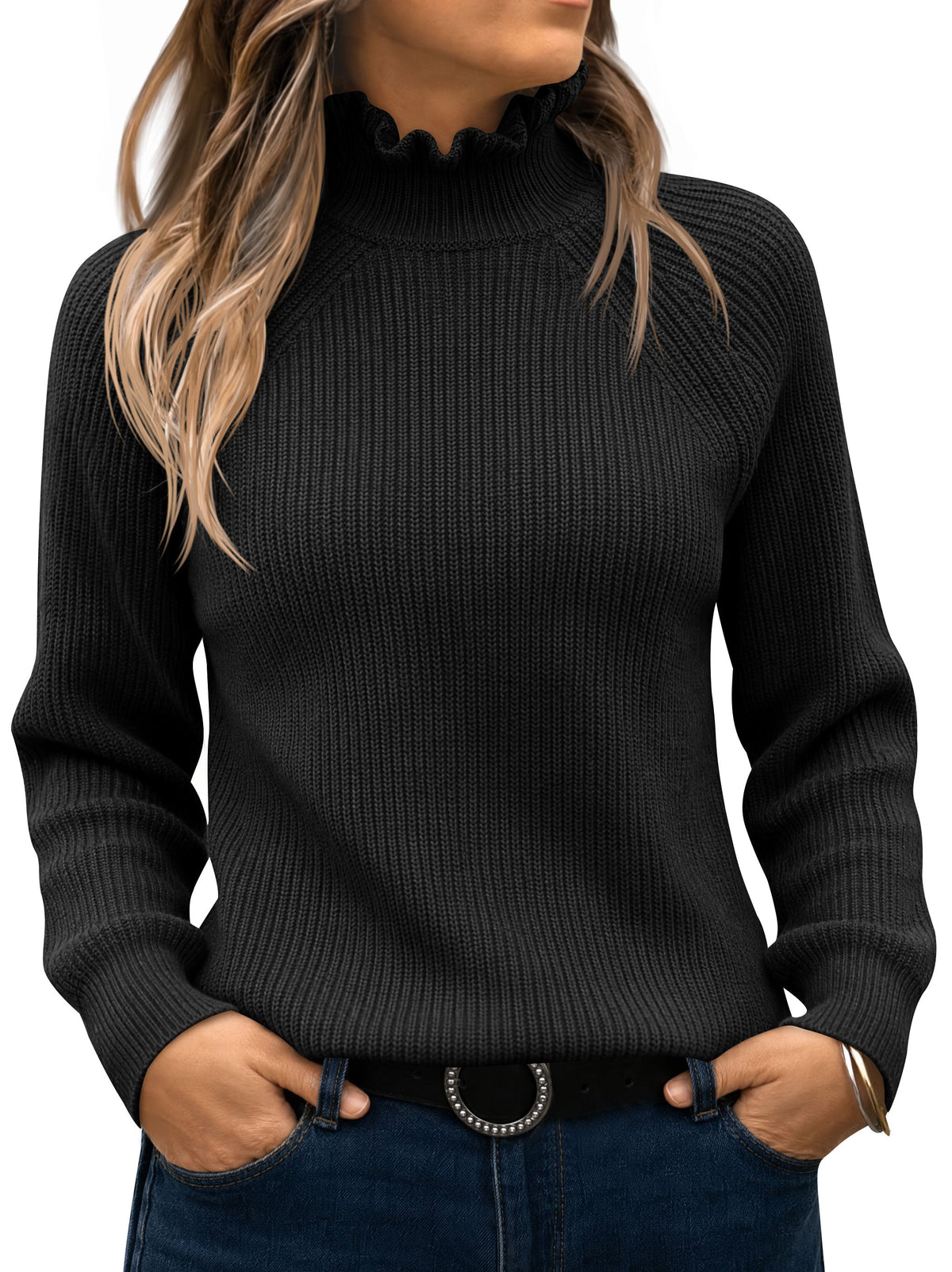 usvara Womens Ruffle Mock Neck Sweater