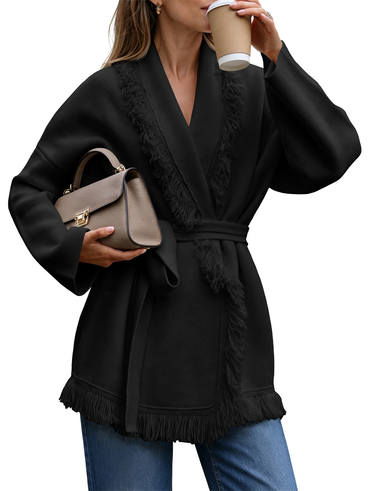 usvara Womens Tassel Fringe Lapel Cardigan