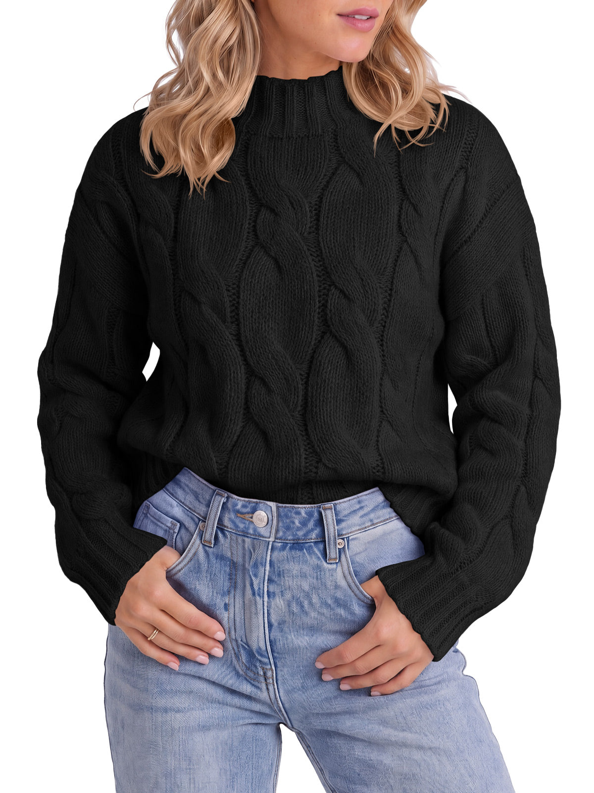 usvara Womens Mock Neck Cable Knit Sweater