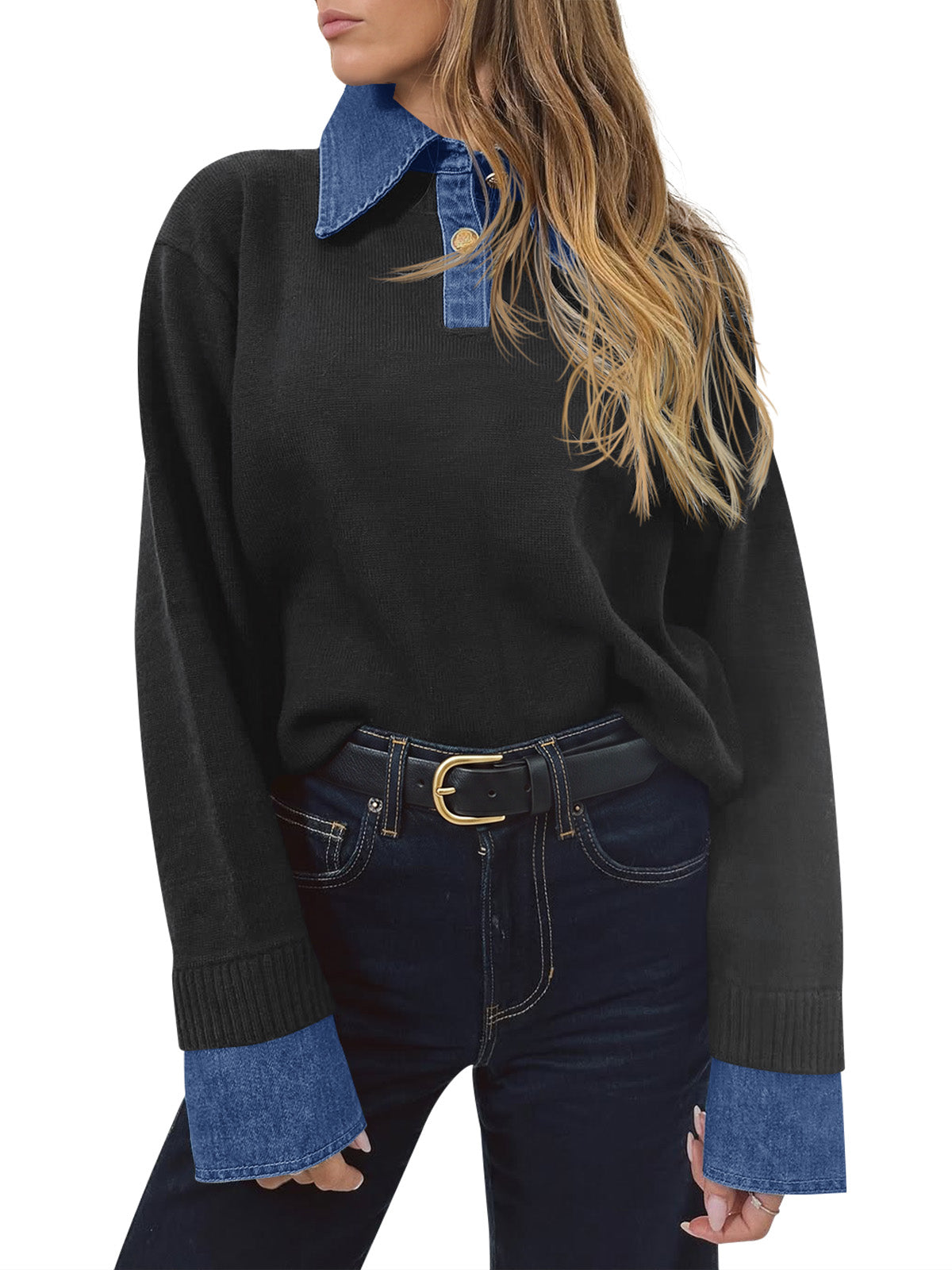 usvara Women Denim Patchwork V Neck Sweater Tops