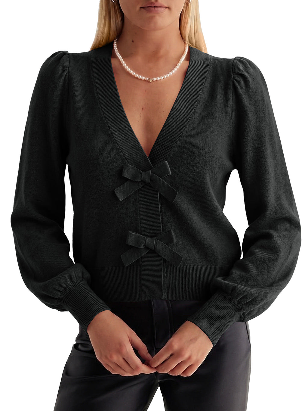 usvara Women V Neck Bow Knit Cardigan