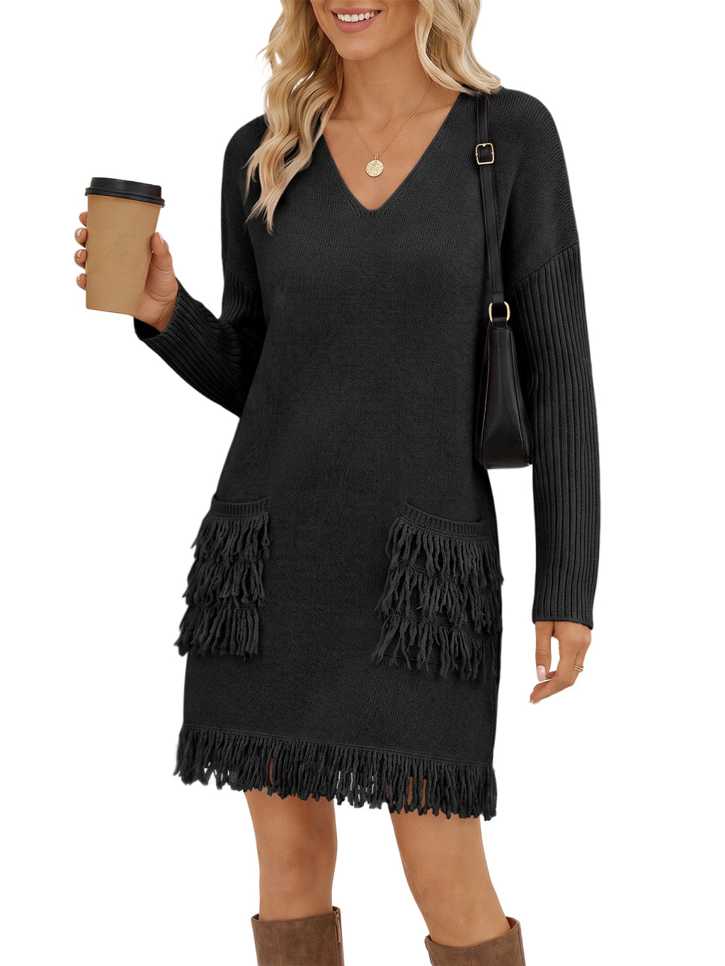 usvara Womens V Neck Sweater Dress