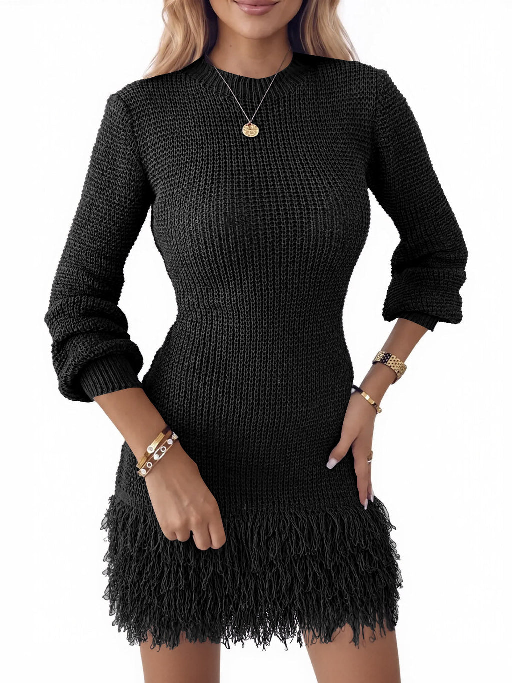 usvara Womens Fringe Waffle Knit Sweater Dress