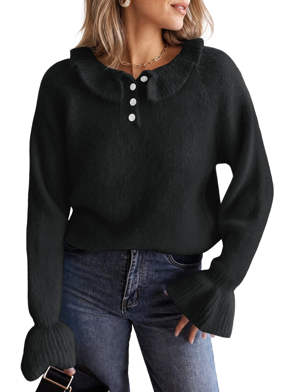 usvara Women Ruffle Collared Long Sleeve Sweater