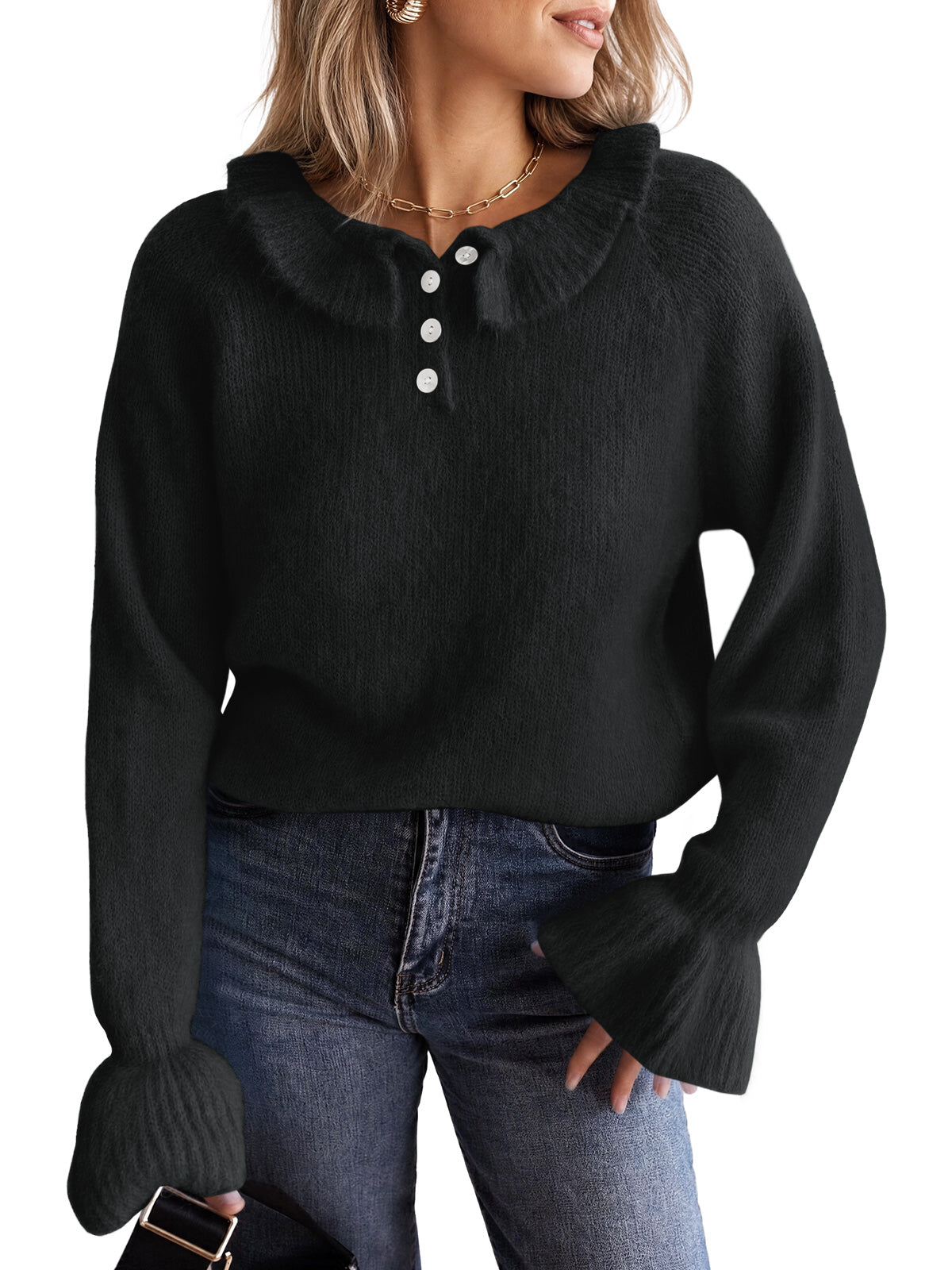 usvara Women Ruffle Collared Long Sleeve Sweater
