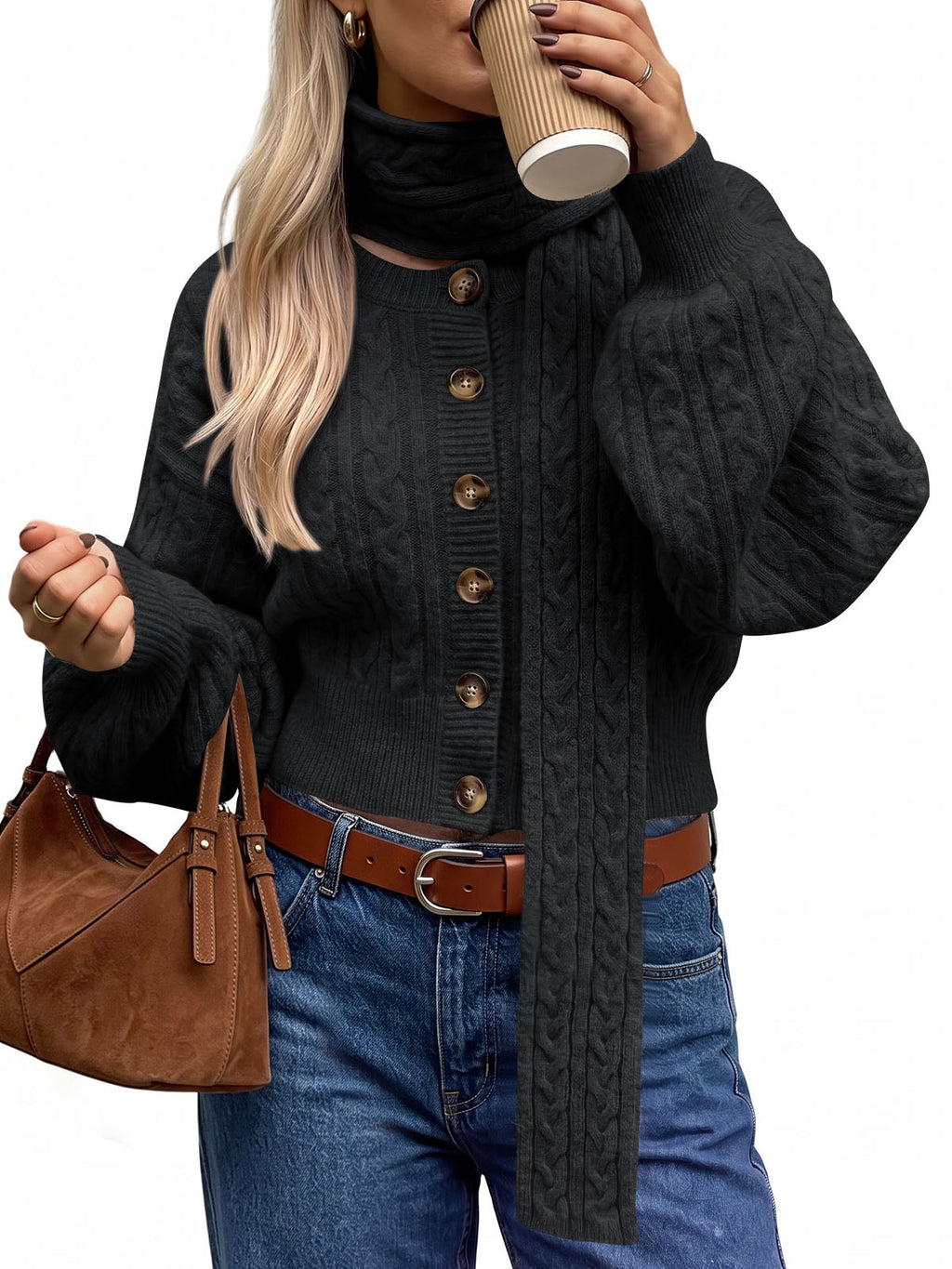 usvara Womens Cable Knit Cardigan with Scarf