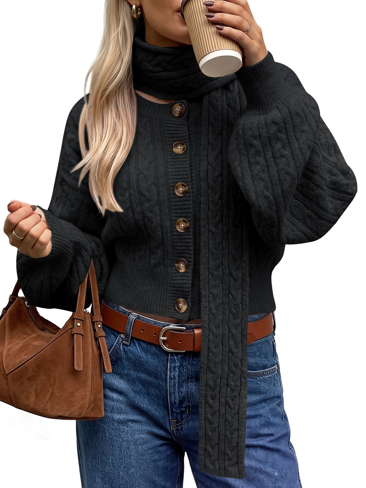 usvara Womens Cable Knit Cardigan with Scarf