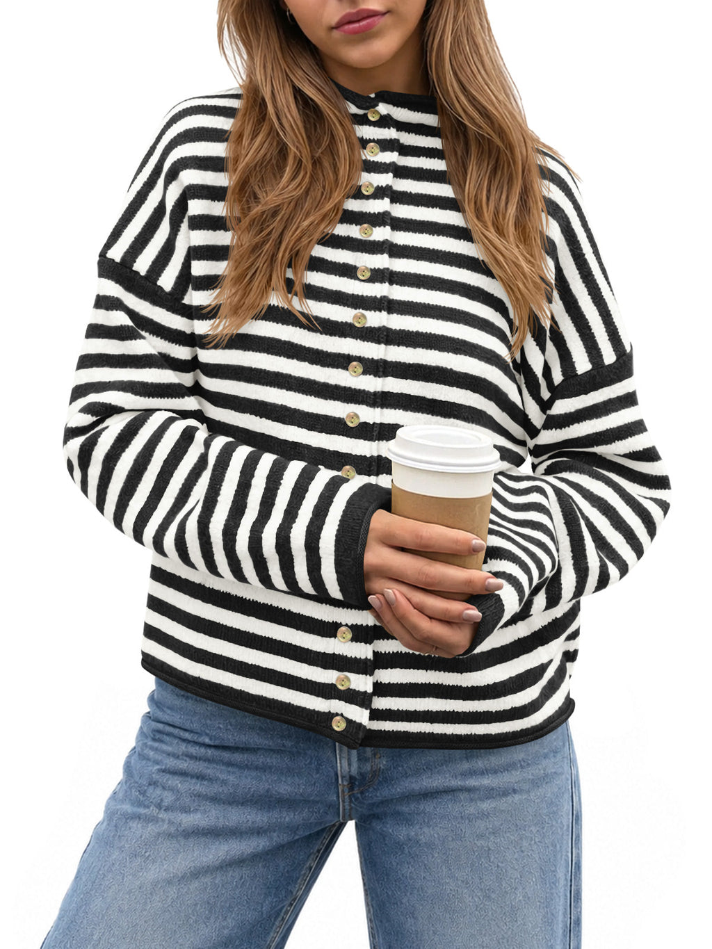 usvara Womens Striped Mock Neck Cardigan