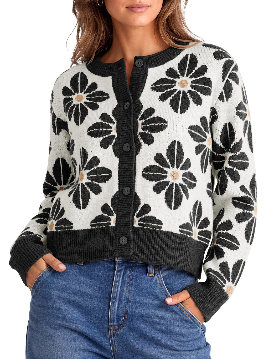 usvara Womens Floral Button Up Vintage Sweater