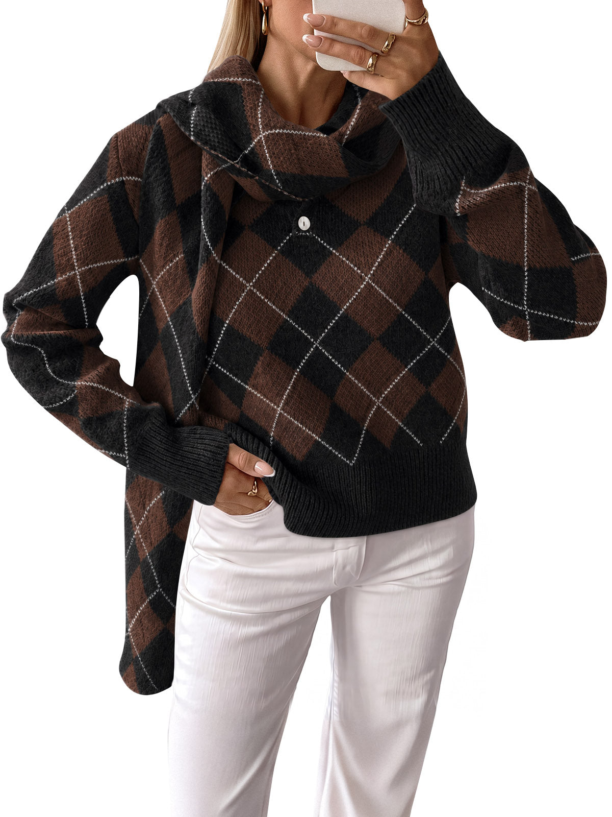 usvara Womens Argyle Color Block Polo Sweater