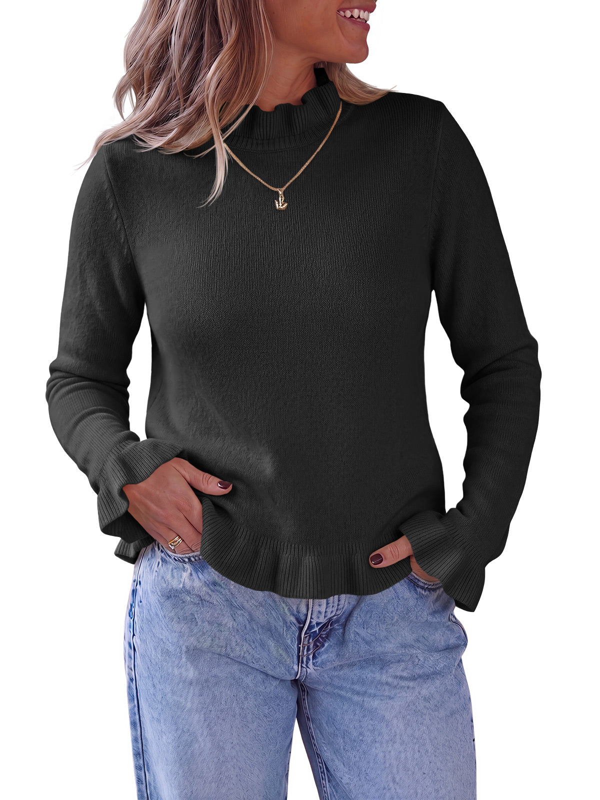 usvara Women Ruffle Mock Neck Knit Sweater