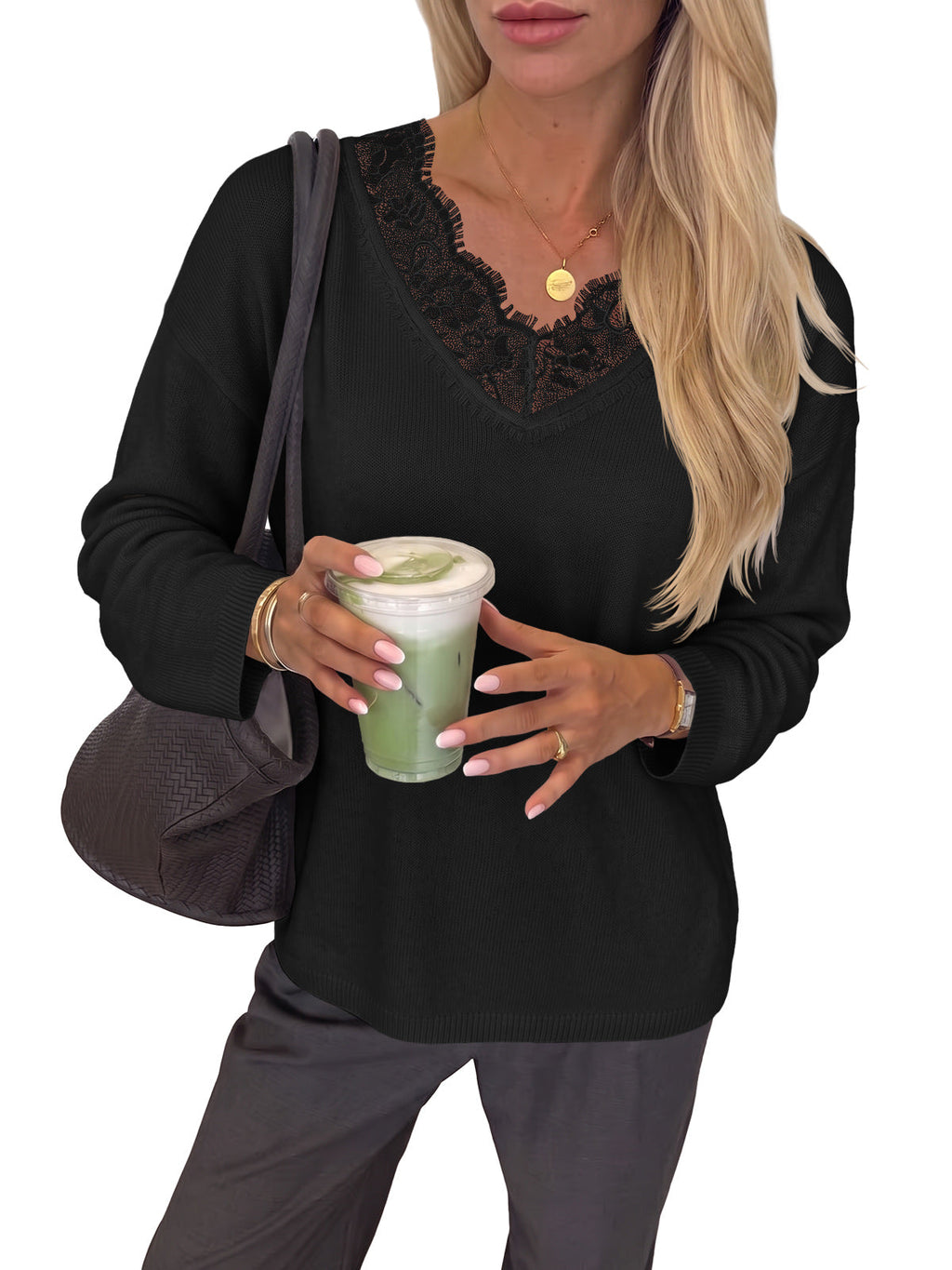 usvara Womens Lace V Neck Sweater Tops