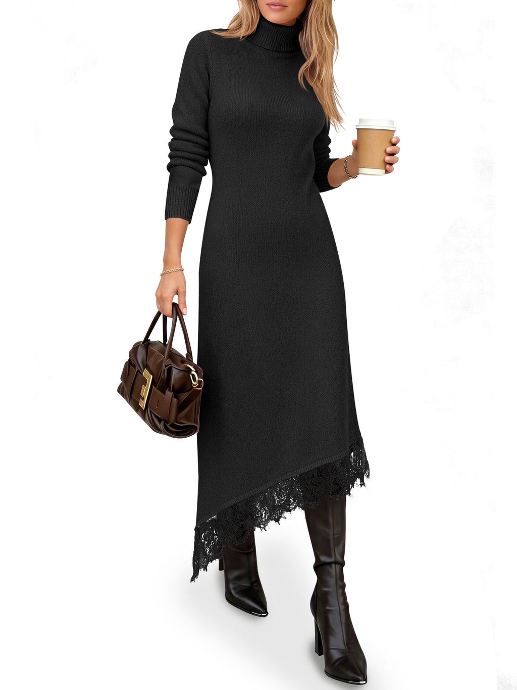 usvara Womens Lace Turtleneck Sweater Dress