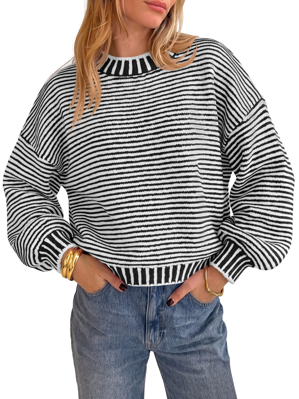 usvara Womens Striped Crew Neck Knit Sweater